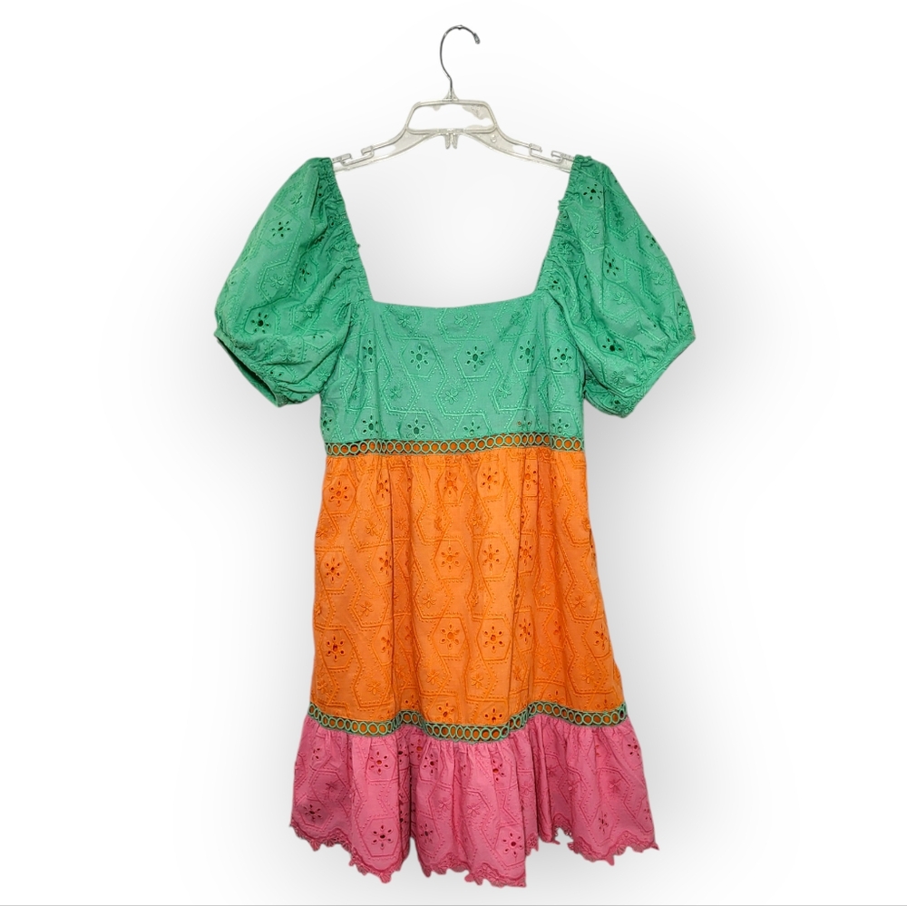 GREYLIN Stilla Embroidered Eyelet Colorblock Dress Green Pink Orange M